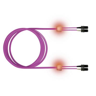 A coiled pink fiber optic cable with connectors on both ends, glowing orange sections near the connectors indicate active data transmission.