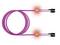 A magenta fiber optic cable coiled in a loop with glowing orange connectors on each end, indicating data transmission points.