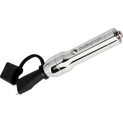 A metallic LED flashlight labeled 'DualBoot LED' with a black rubber grip and strap, angled slightly upward, on a plain background.