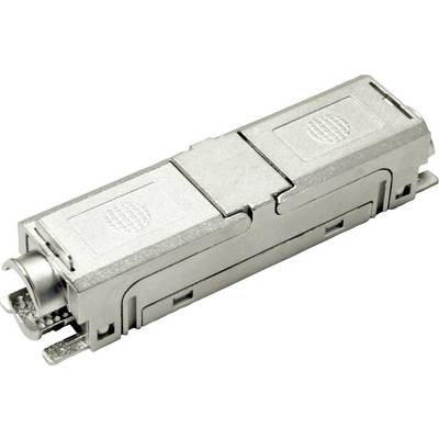 A metallic fiber optic adaptor with a rectangular shape and a connector at one end, used for linking fiber optic cables together.