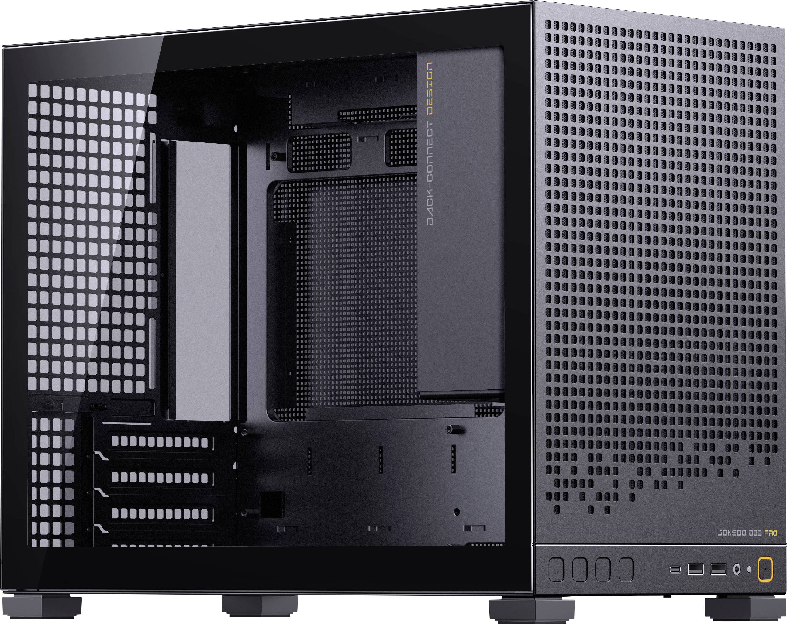 A black computer case with a perforated design, open side panel, and multiple slots for components, highlighting a modern, sleek design.