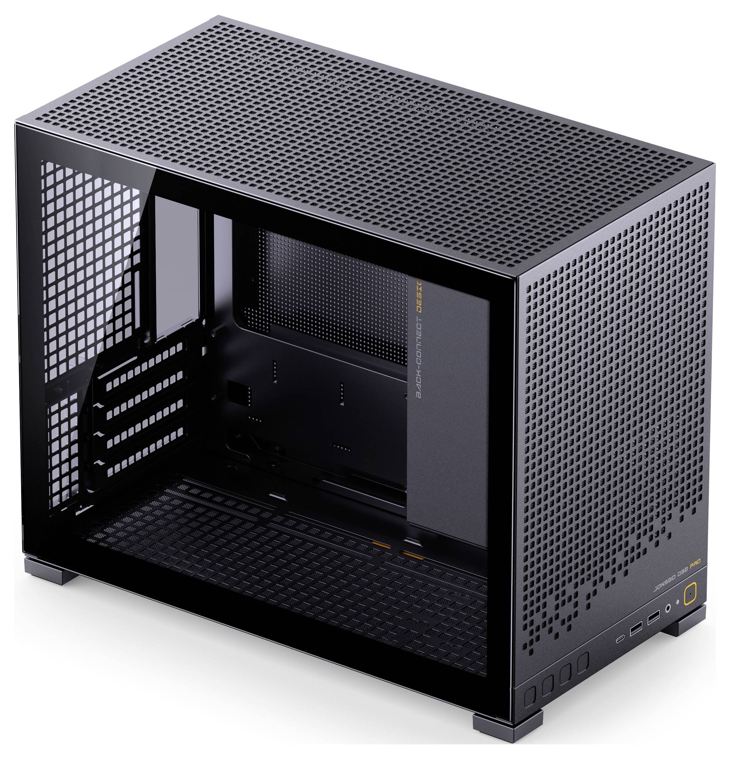 A sleek, black computer case with a mesh design, showcasing its spacious interior and ports on the side. Suitable for custom PC builds.