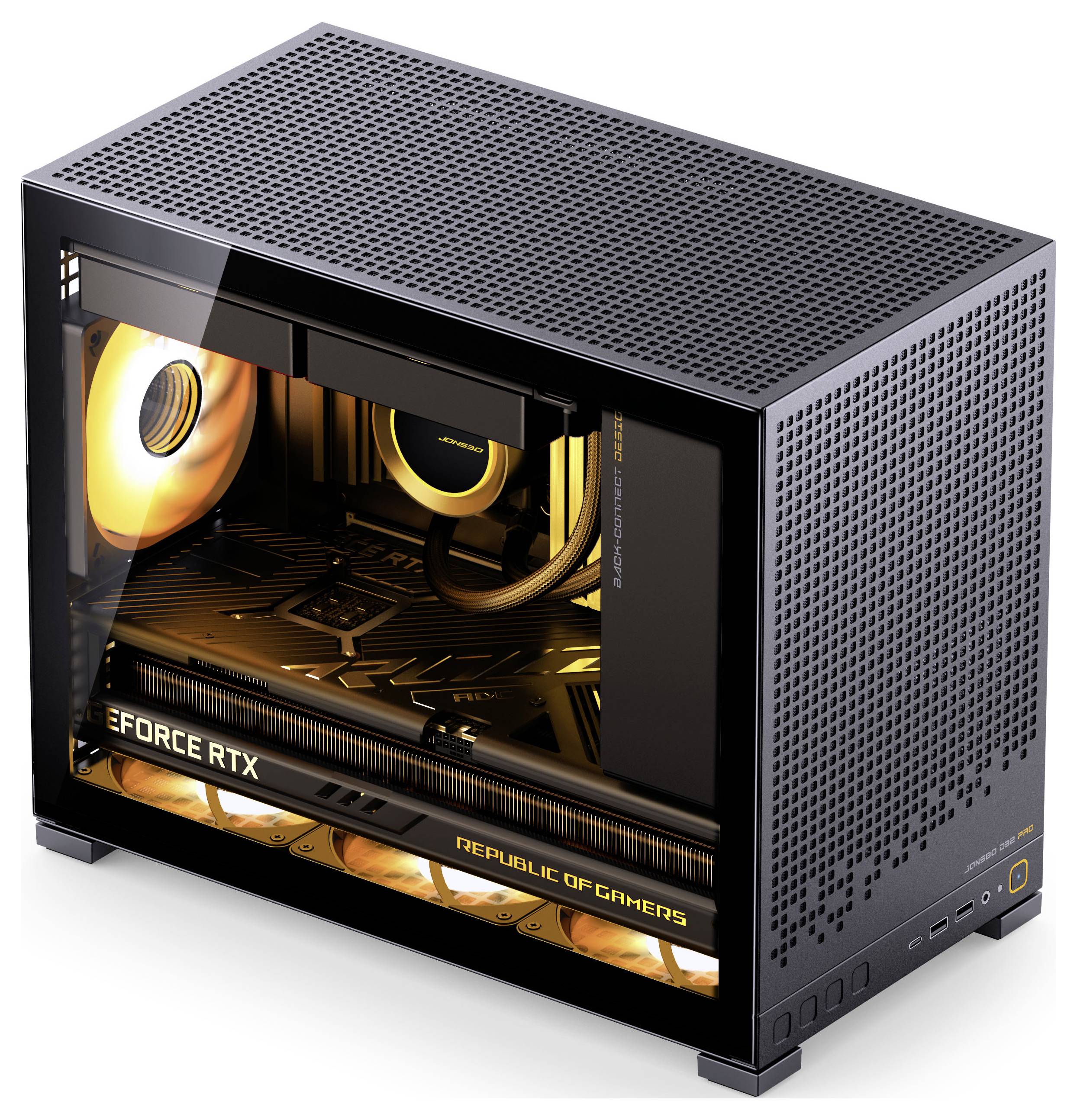A compact black gaming computer with visible components inside, including an ASUS graphics card and orange cooling fans, viewed through a transparent side panel.
