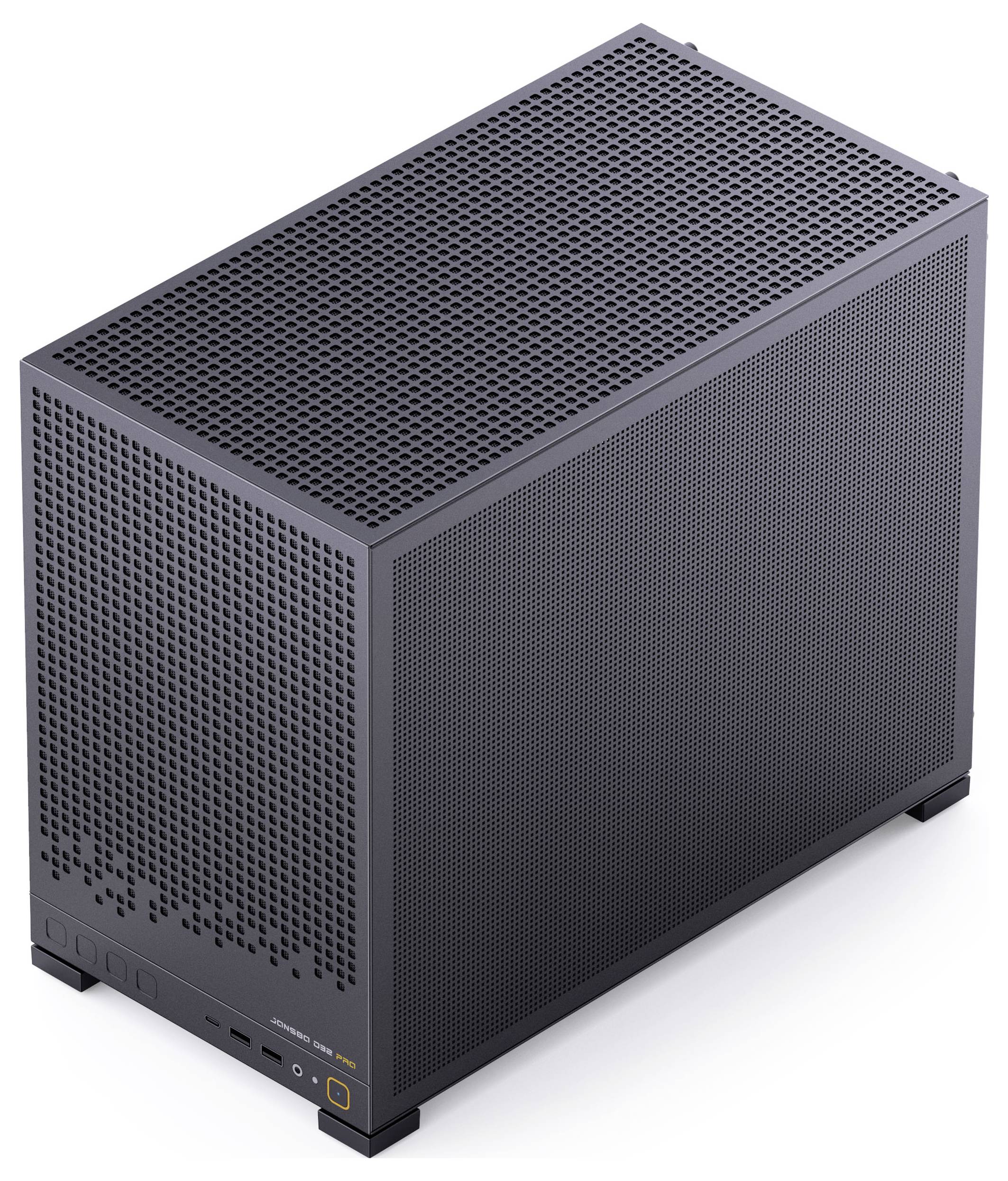 A compact black computer case with a perforated design on all sides, featuring front-facing ports and a power button; minimalistic style.