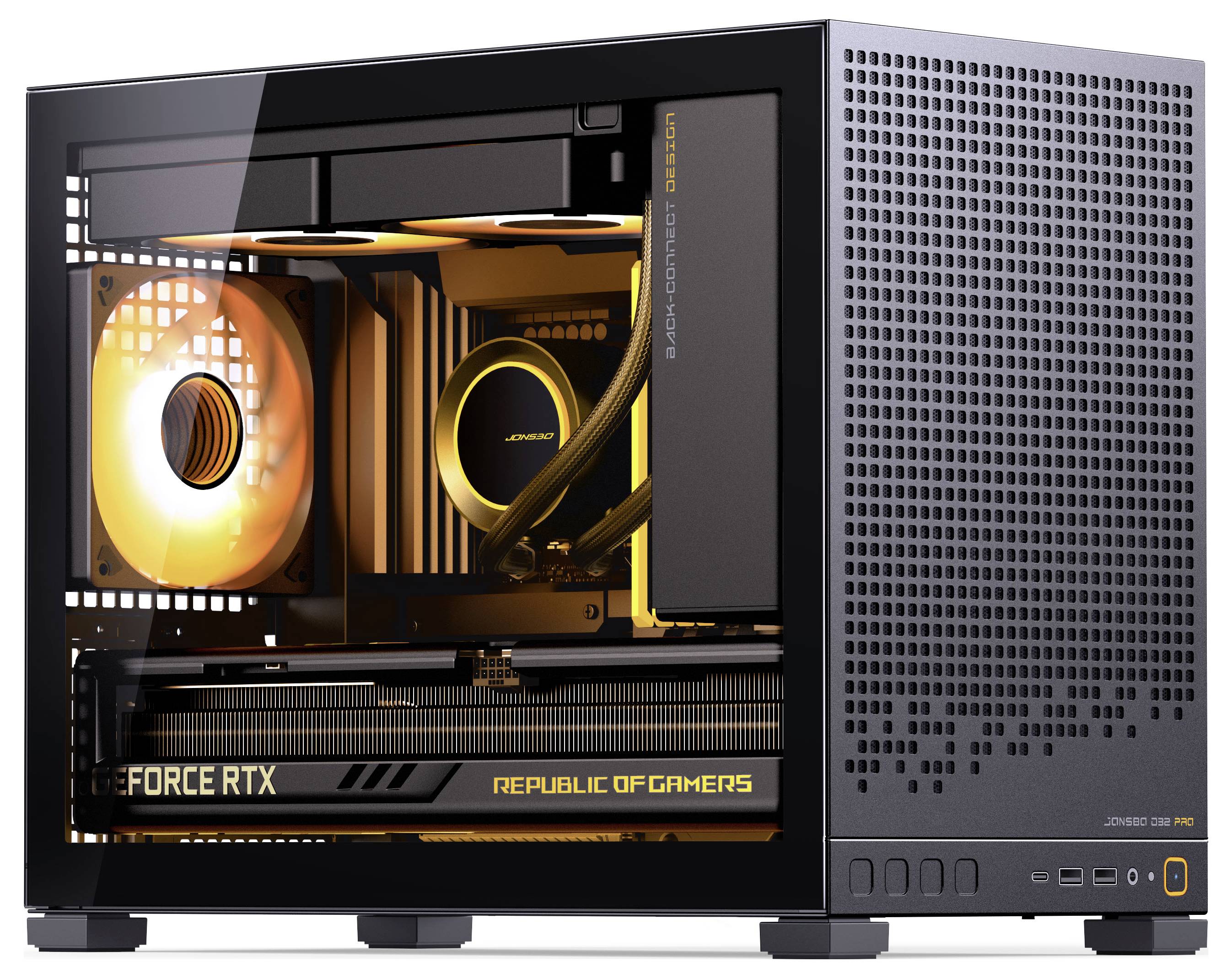 A small desktop PC with an open side panel showcasing orange LED lighting, an NVIDIA GeForce RTX graphics card, and a 'Republic of Gamers' label.