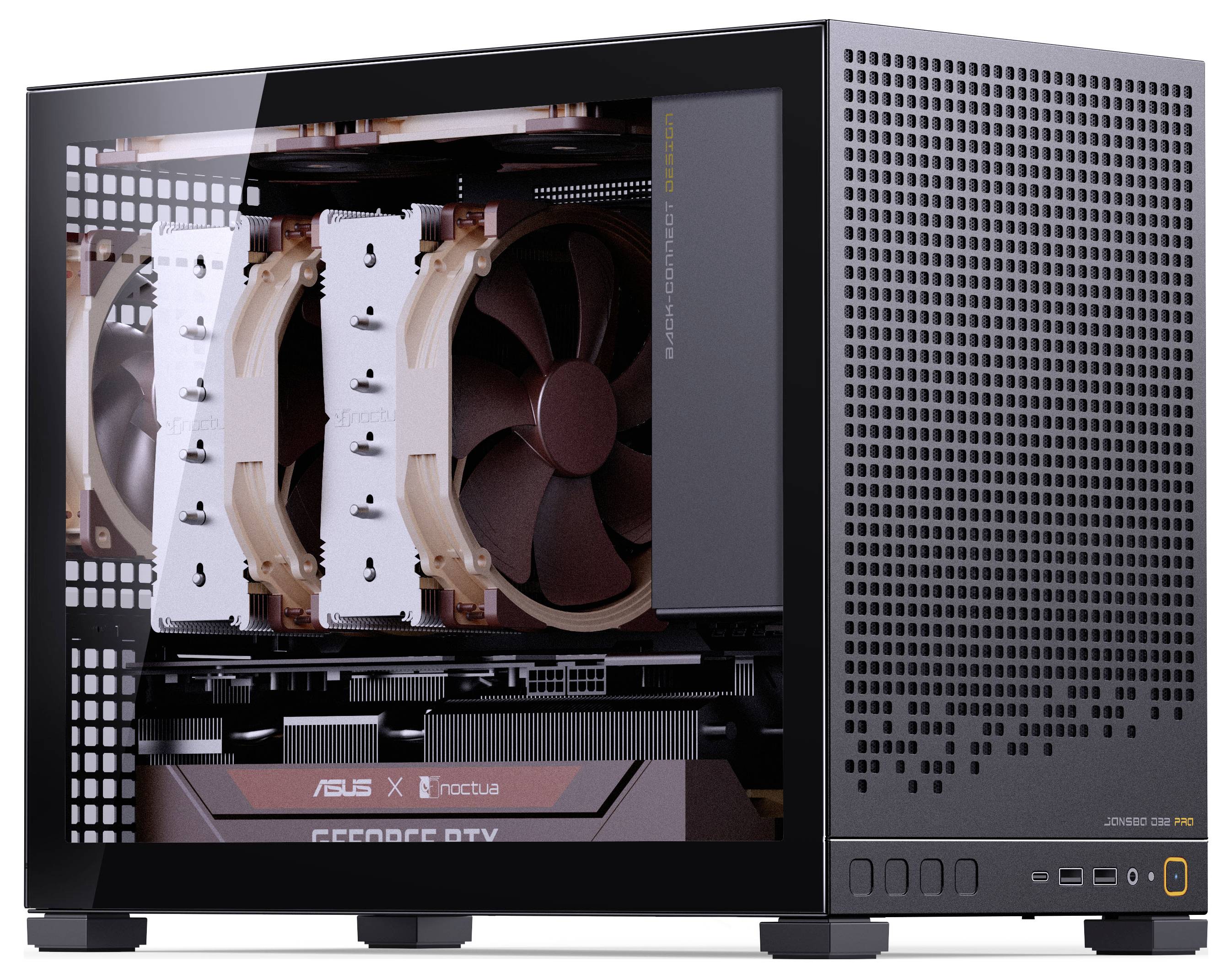 A desktop computer with a clear side panel reveals internal cooling fans, an ASUS and Noctua motherboard, and a GeForce RTX graphics card.
