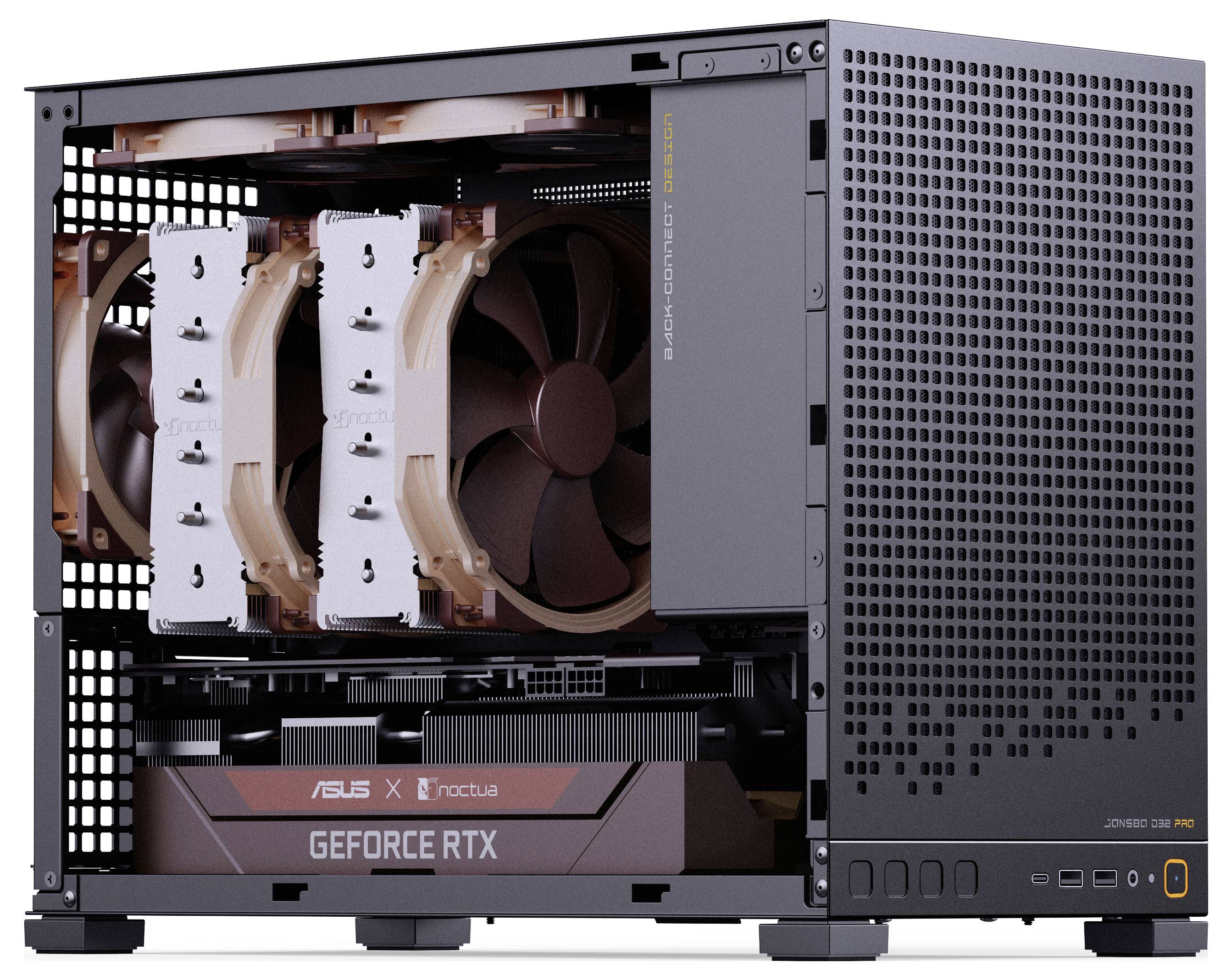 'Compact gaming PC case with side mesh design housing a large cooling fan and NVIDIA GeForce RTX graphics card, featuring a clean, minimalist look.'