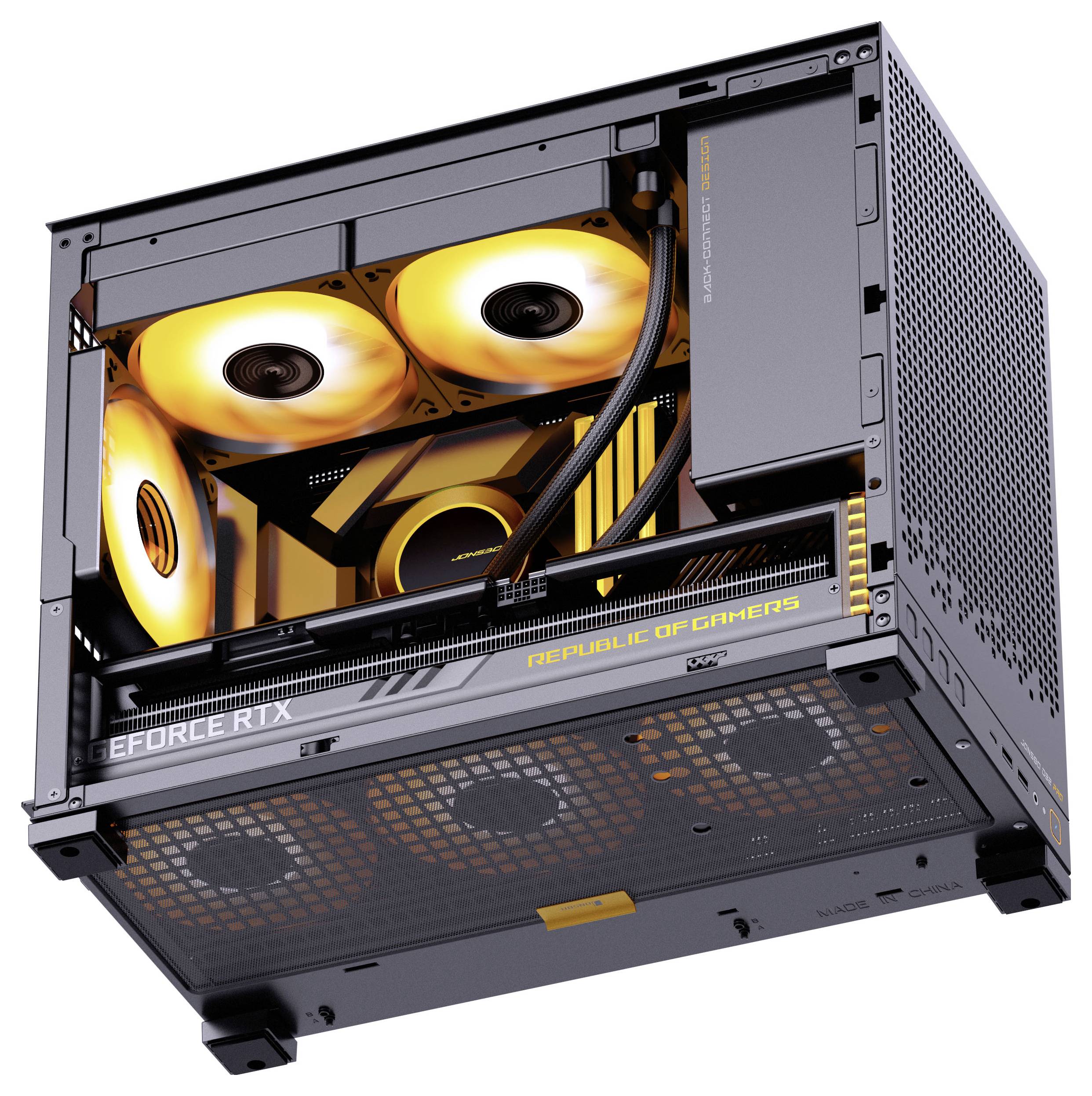 A black gaming desktop PC with transparent side, displaying illuminated orange fans, a graphics card, and 'Republic of Gamers' branding.