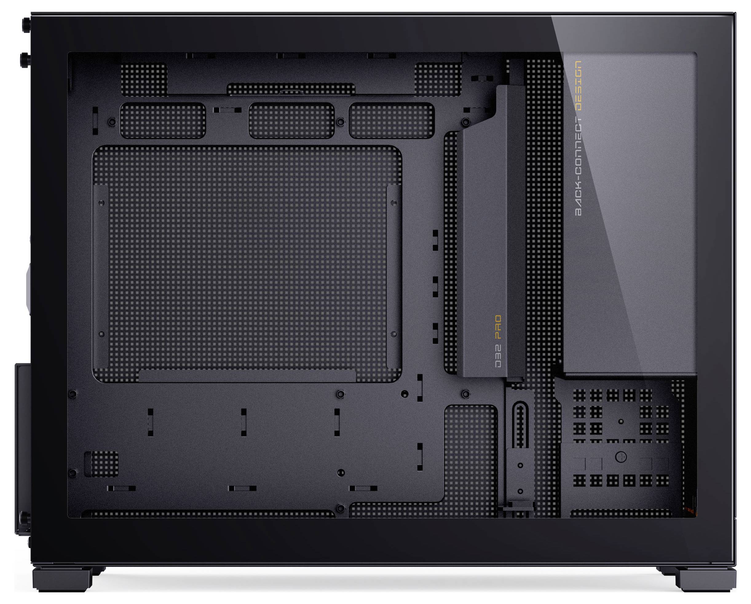 Inside view of a black PC case designed by 'be quiet!' showing mounting points and pre-installed components, suitable for custom builds.