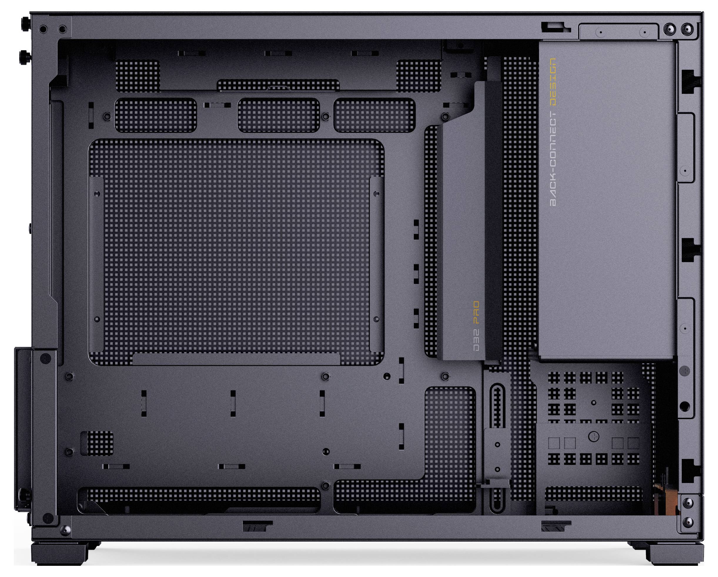 Side view of a large, empty computer case showcasing mounting points, ventilation areas, and cable management features, labeled 'Be Quiet! Dark Base Pro 901'.