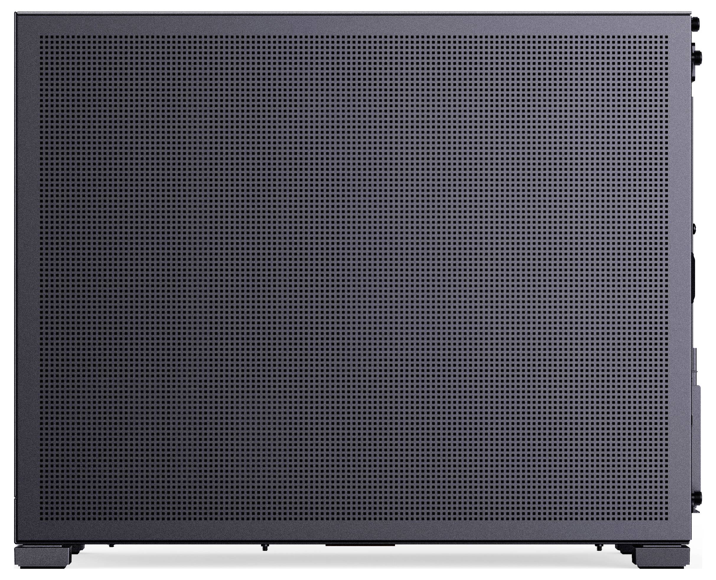 A dark gray perforated metal panel, possibly part of an electronic device or speaker, with a uniform grid pattern of small circular holes.