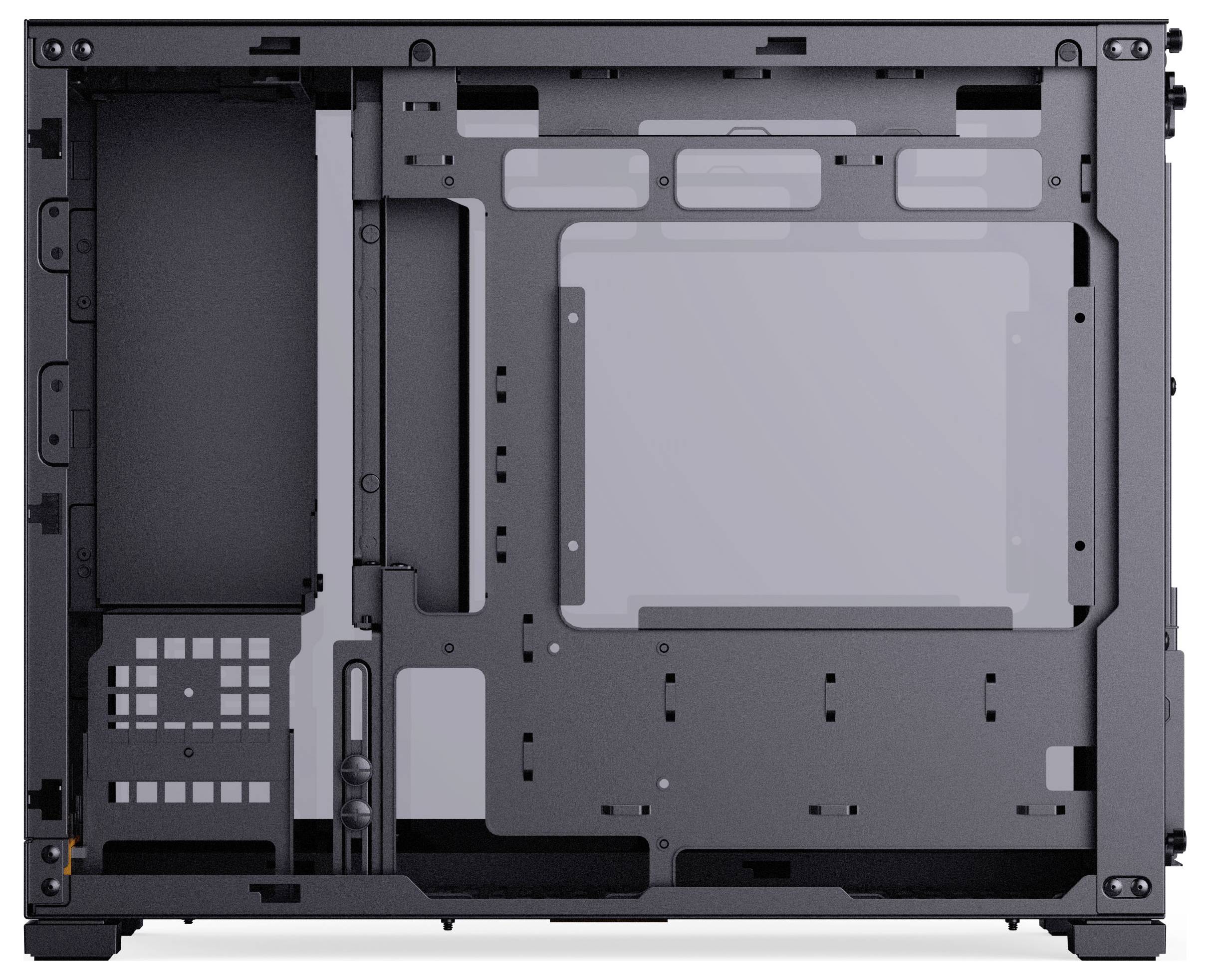 Computer case interior showing the frame structure with slots for components, cable management openings, and fan mounting areas.