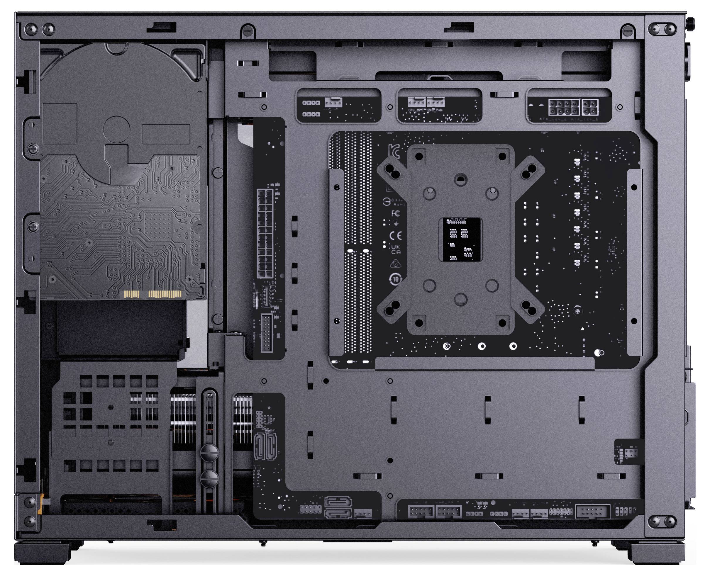 Interior view of a computer case showing slots for components like a motherboard, storage drives, and power supply with visible cable management paths.