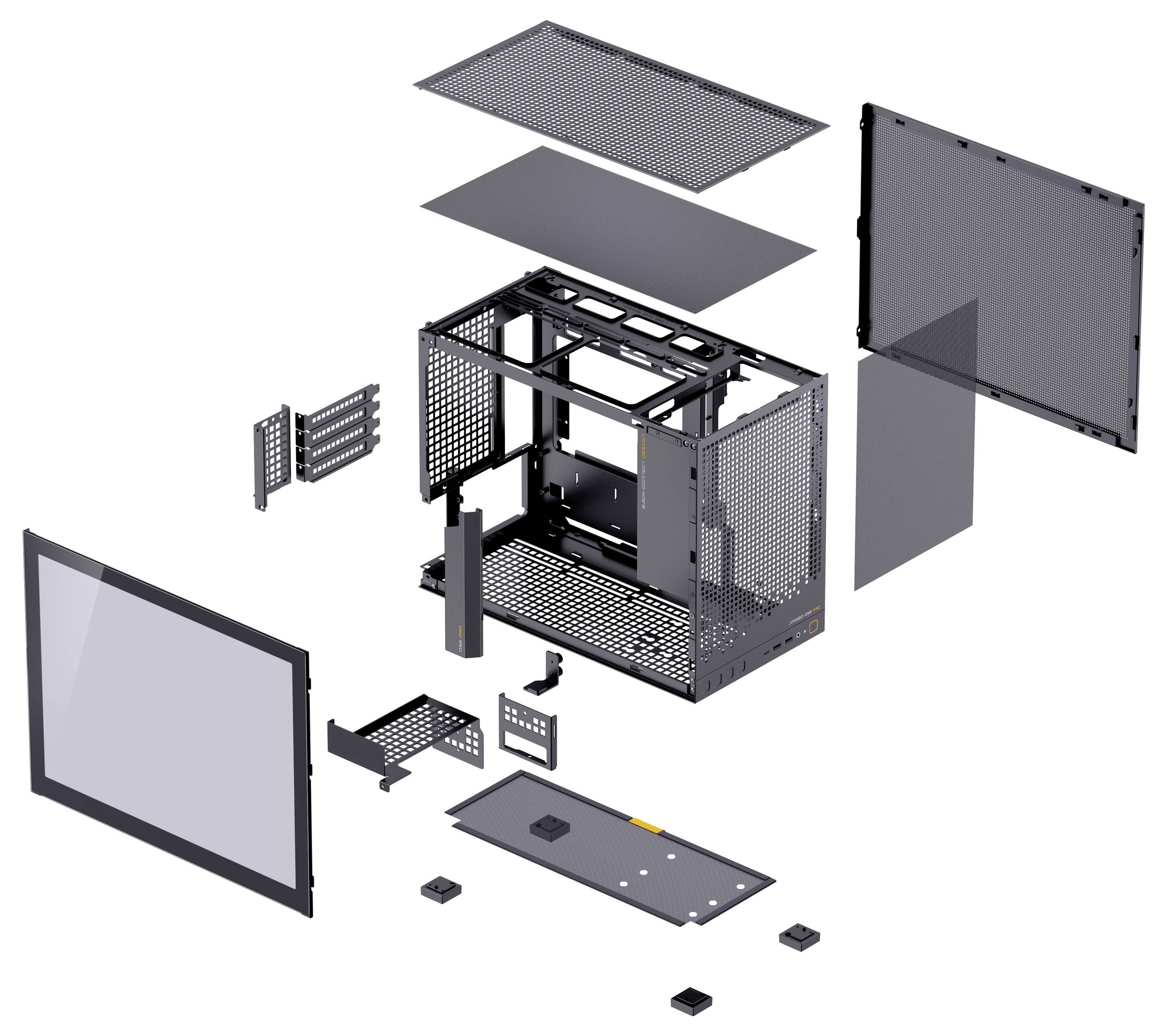 Exploded view of a computer case showing the arrangement of panels, frame, and components, illustrating assembly parts and layout.