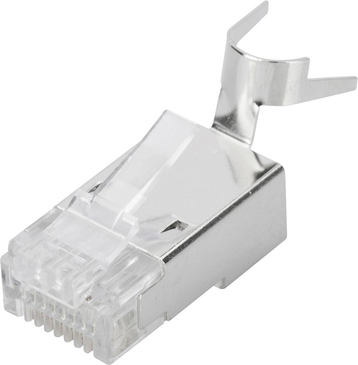 RJ45 connector with a metal shield for ethernet cables, featuring a plastic latch and metal prong for securing the connection in network devices.