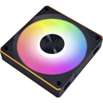 A square RGB computer fan with a rainbow color pattern in the blades, mounted in a black frame with orange corners, viewed from above.