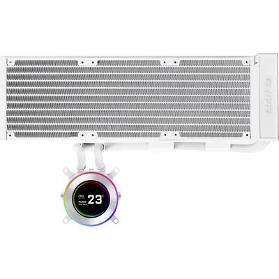 A white computer radiator with RGB LED display showing 'CPU Pump 23°C'. The display is circular and connected with pipes.