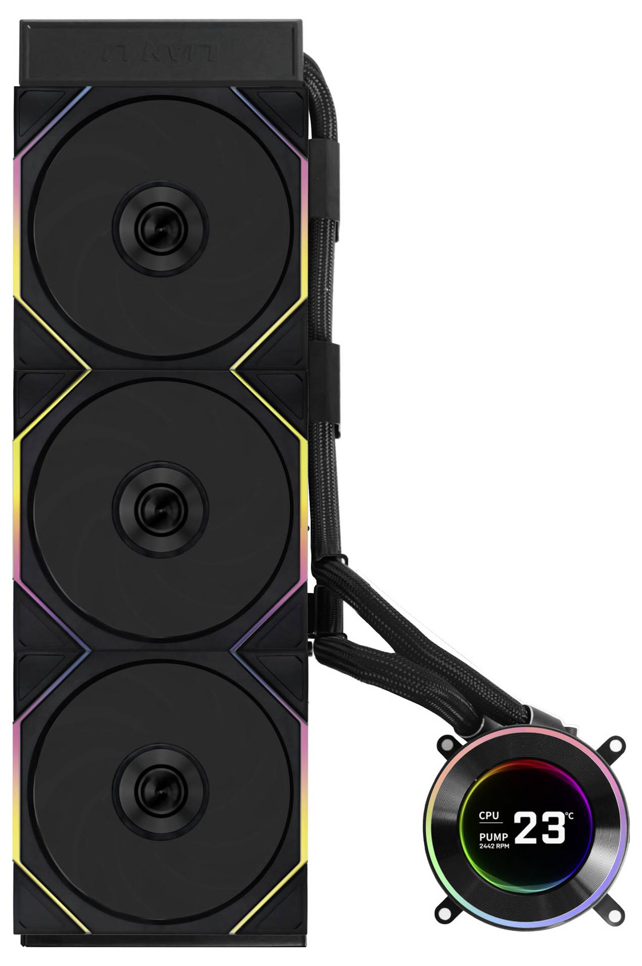 A computer cooling system with a triple fan radiator and a digital display showing 'CPU PUMP 23°C', with colorful LED accents.