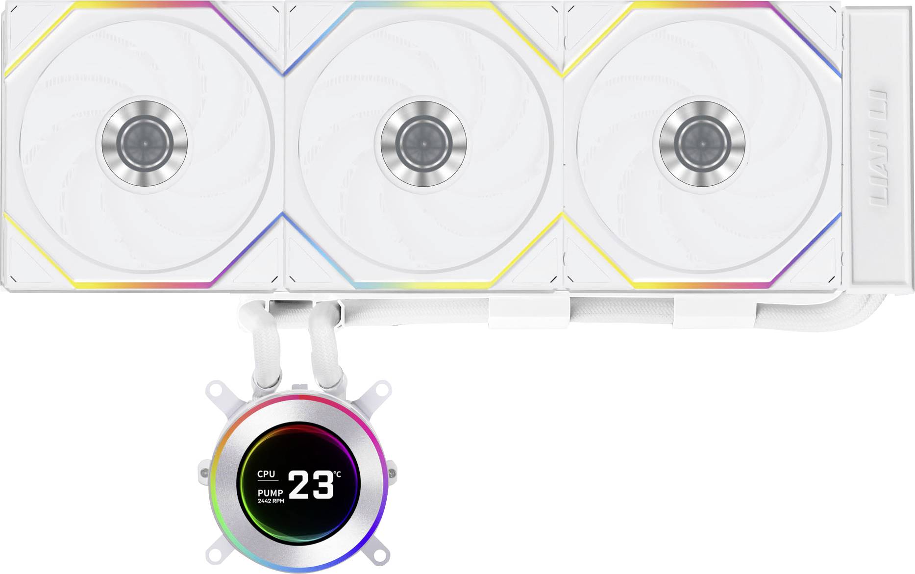 A white computer cooling fan unit with three large fans and a digital display showing 'CPU PUMP 23°'.