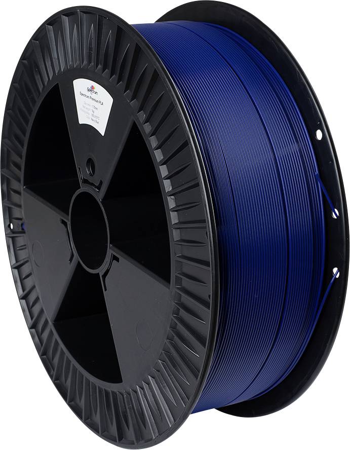 A spool of blue 3D printing filament with a black plastic holder, showcasing its texture and coil.