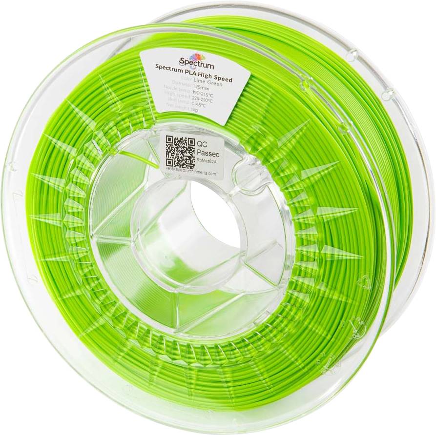 Clear spool of bright green PLA 3D printer filament labeled 'Spectrum PLA High Speed' with QR code and quality control sticker.