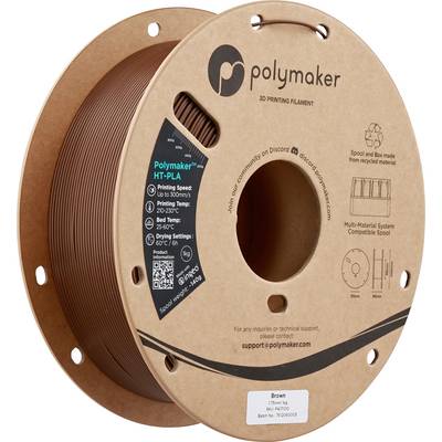 A spool of Polymaker HT-PLA 3D printing filament in brown. The cardboard spool has printed details about the filament type and settings.