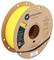 A spool of yellow Polymaker 3D printing filament, HTPLA, featuring product details and support contact information on the cardboard packaging.