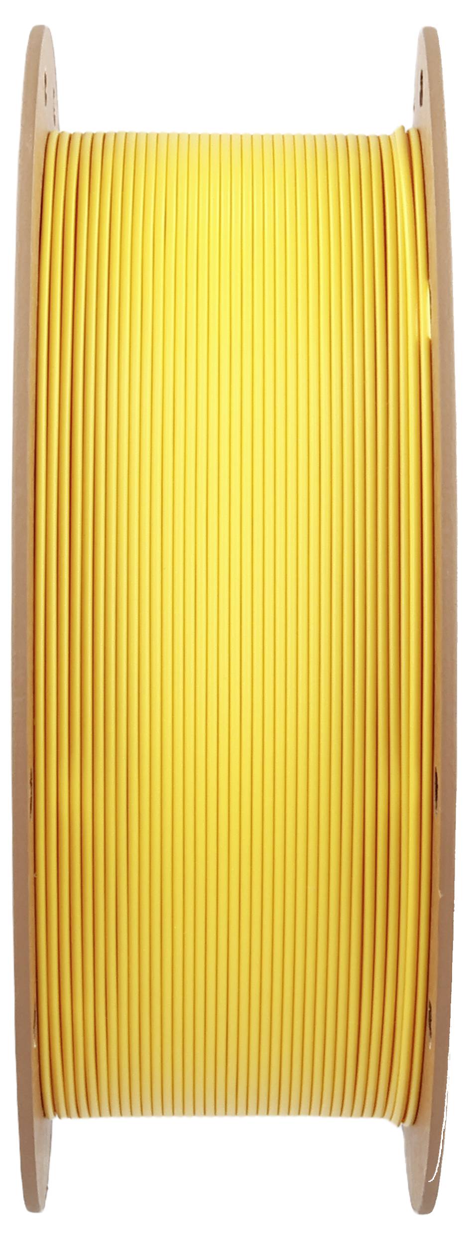 A large spool of yellow cable tightly wound, suggesting bulk storage or transport. The spool is made of wooden sides.