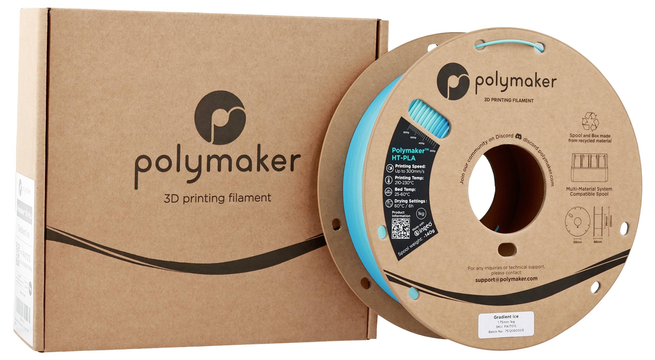 A brown box and spool of Polymaker 3D printing filament. Spool shows filament type, printing info, and QR code.