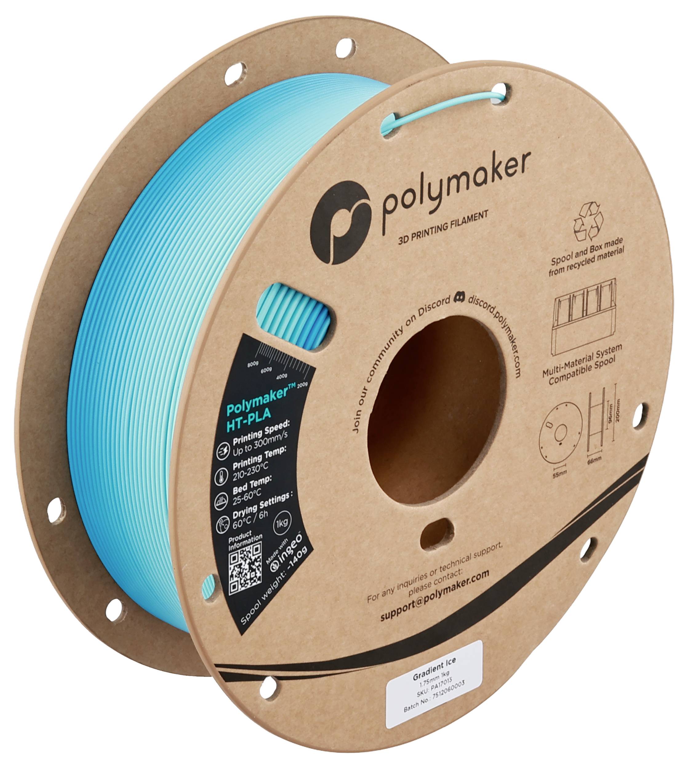 Spool of Polymaker turquoise 3D printing filament, HT-PLA, 1.75mm, labeled with details on printing temperature and features.