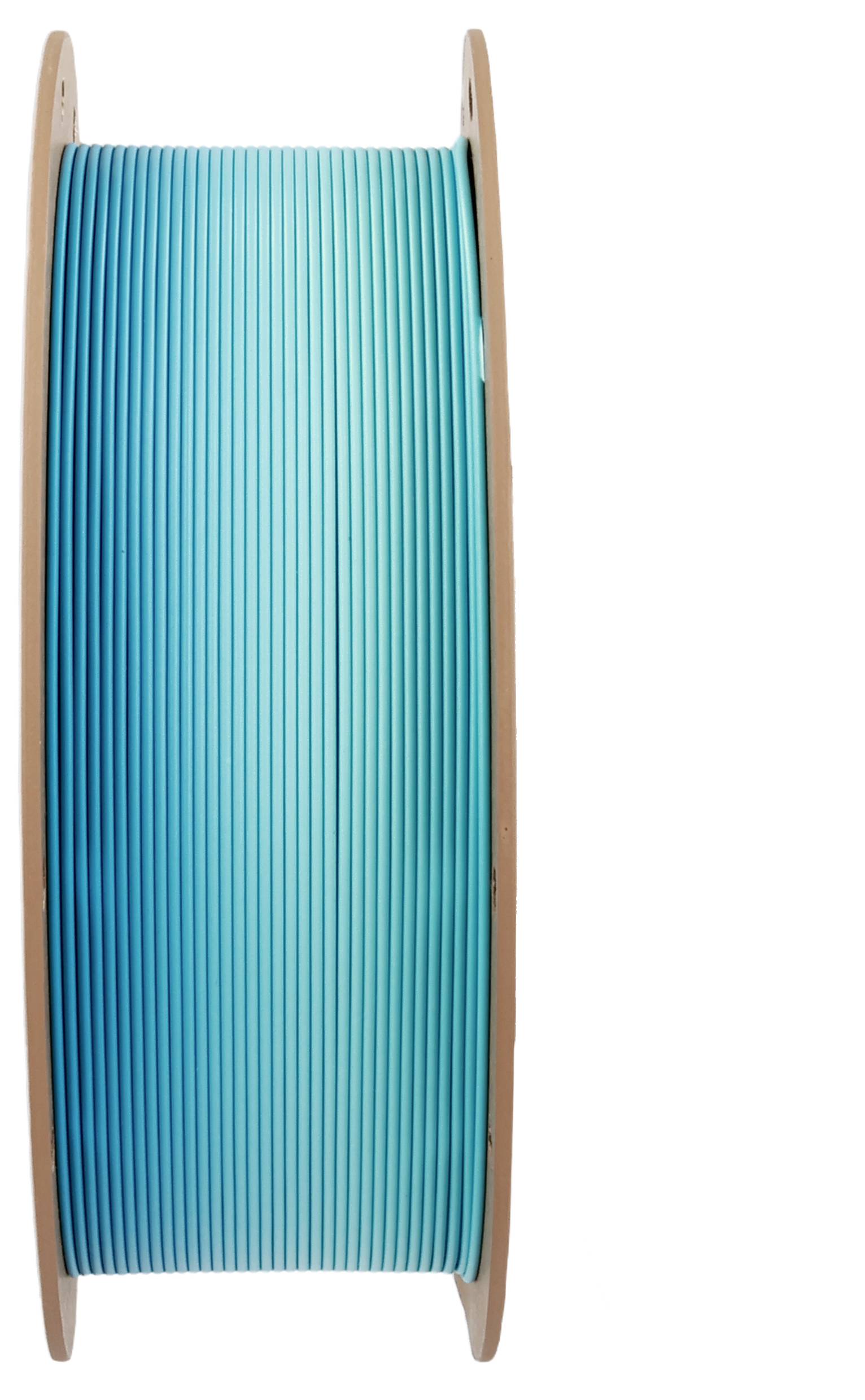 A spool of blue filament for 3D printing, vertically oriented, with a wooden frame on both sides.