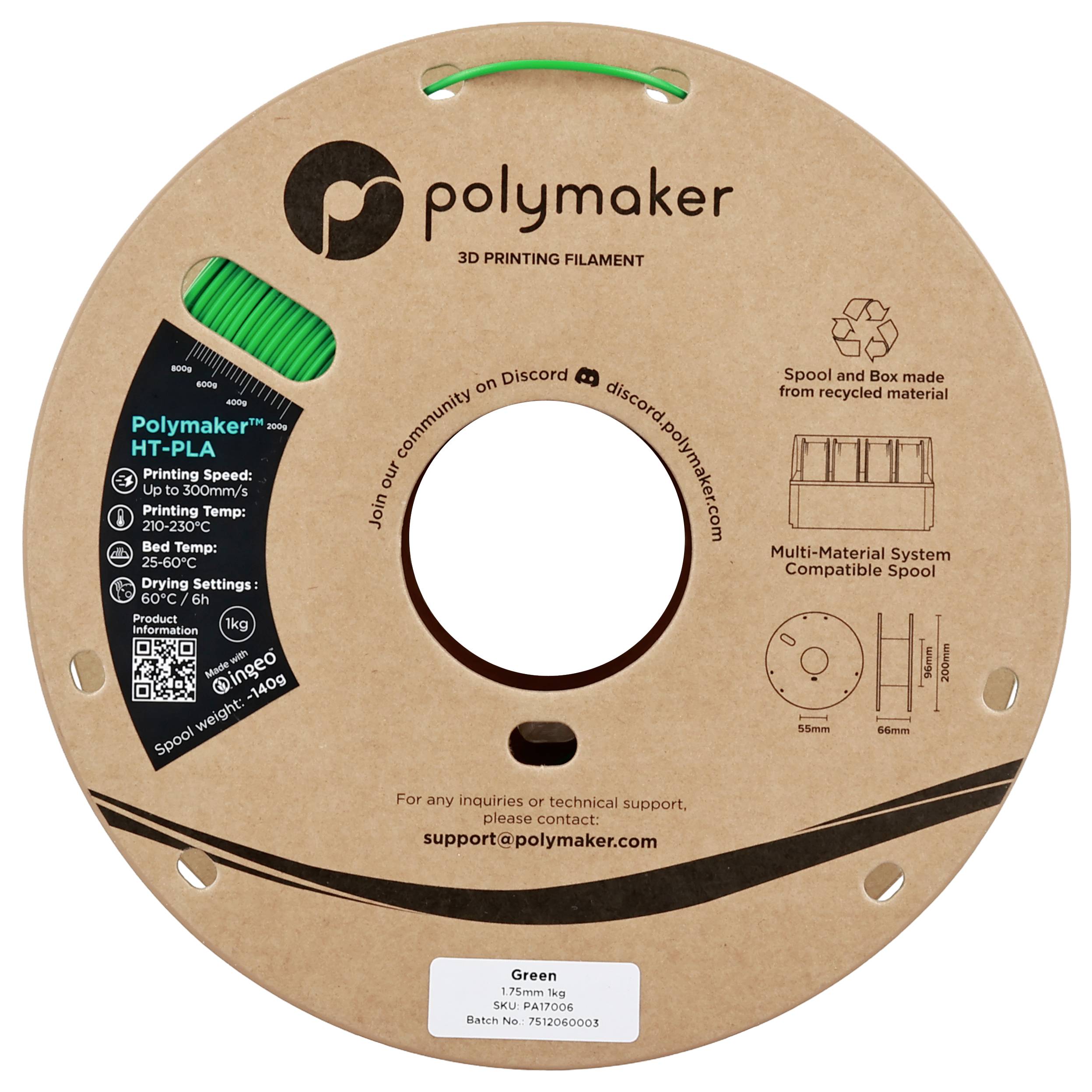 'Polymaker HT-PLA 3D printing filament spool in green. Includes printing settings and compatibility details on packaging label.'
