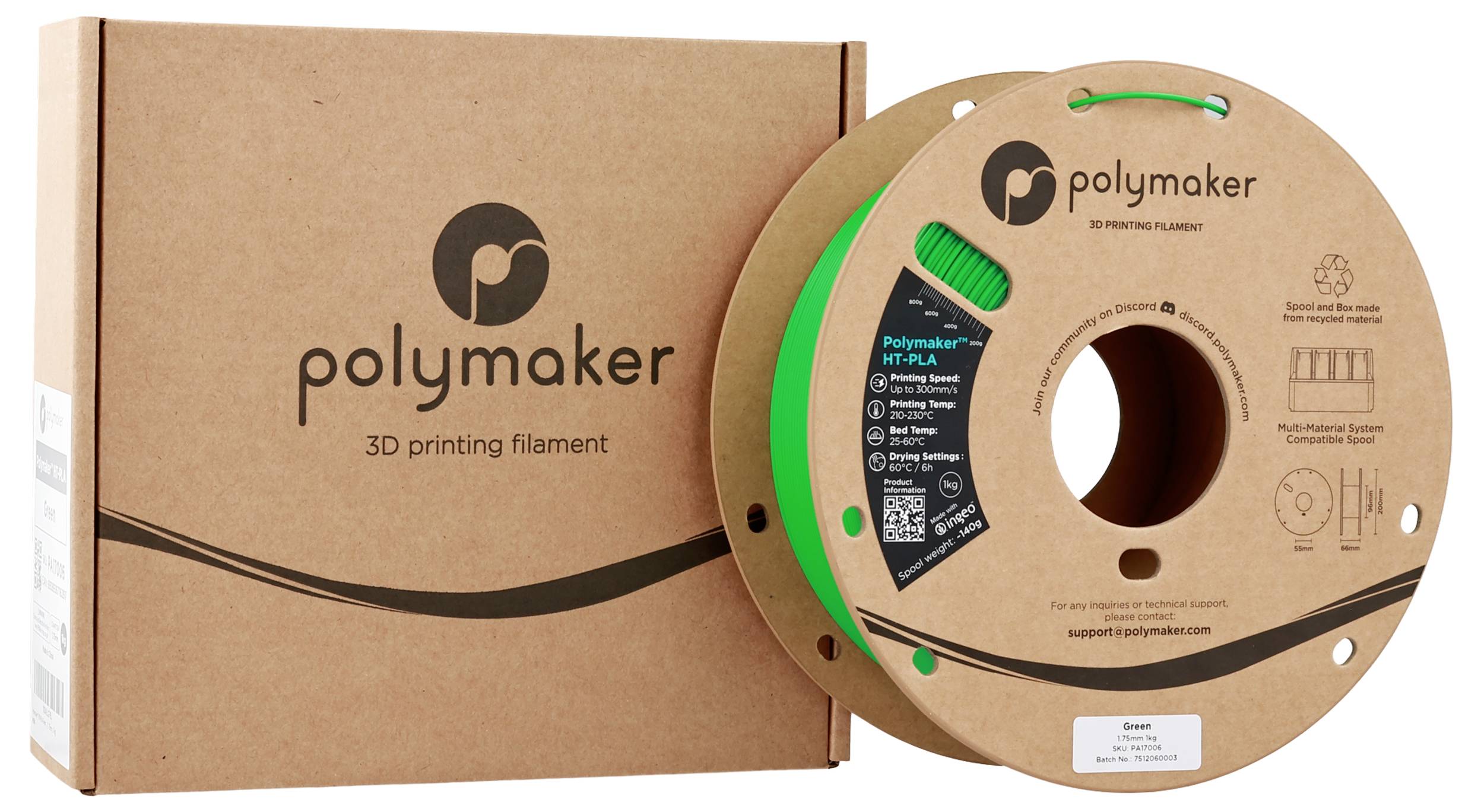 3D printing filament spool and box with 'polymaker' logo. The spool is green, indicating filament color, for use in 3D printers.