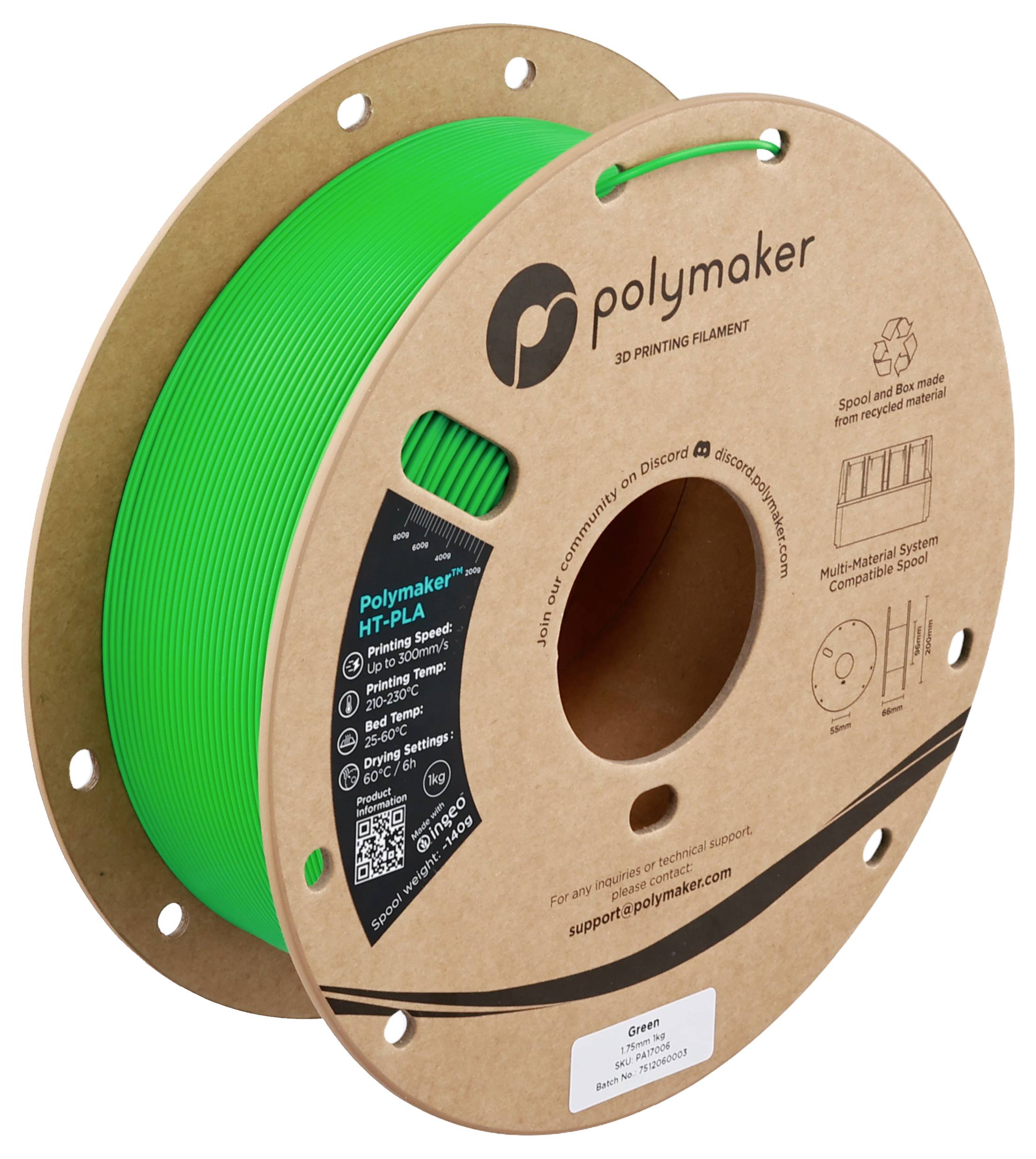 A spool of green Polymaker 3D printing filament labeled 'HT-PLA'. Packaging includes usage details and support contact information.