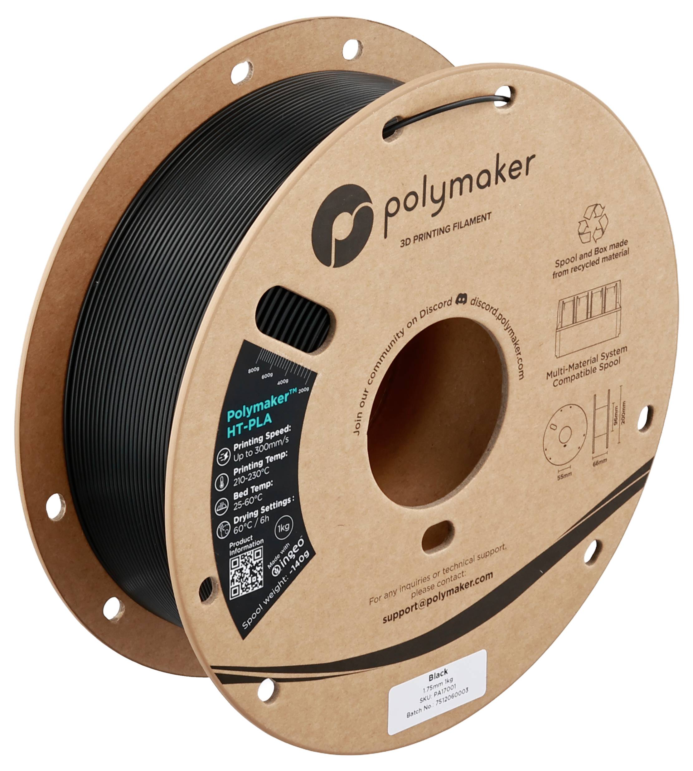 Spool of Polymaker 3D printing filament labeled 'HT-PLA' with product details and QR code visible, indicating multi-material printing.