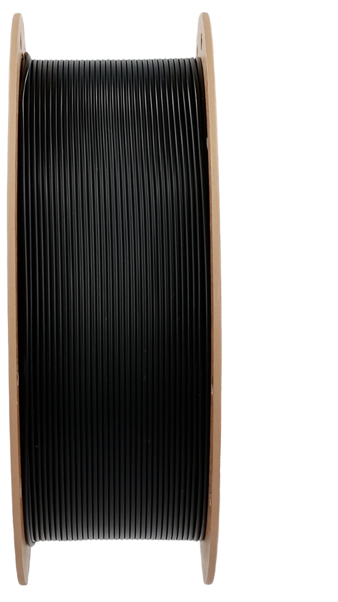 A spool of black 3D printer filament with a wooden base, standing vertically. The filament is wrapped neatly around the spool.
