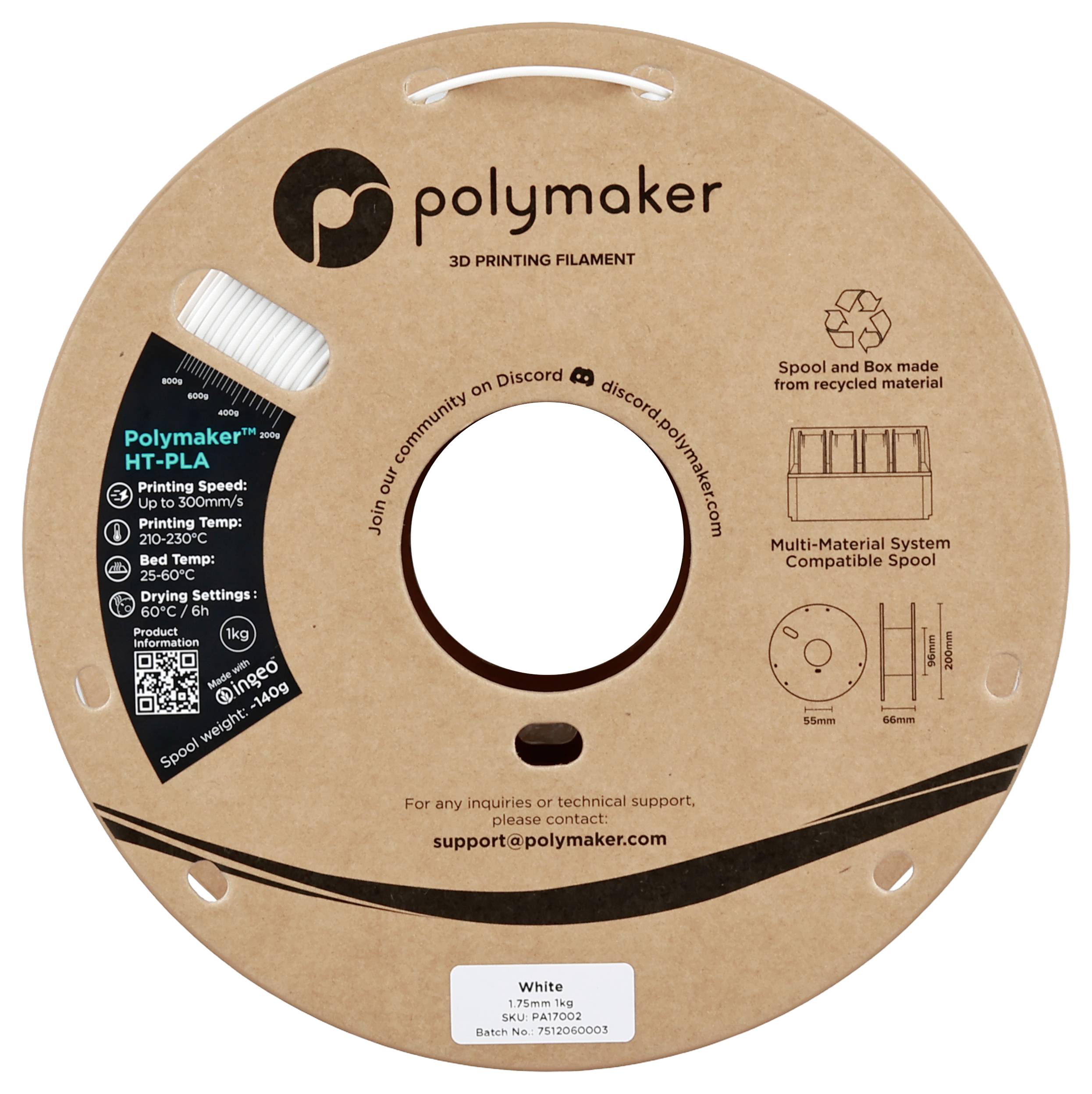 'Polymaker HT-PLA 3D printing filament spool; printing speed: 10-30mm/s, temperature: 210-230°C, 0.4mm nozzle.'