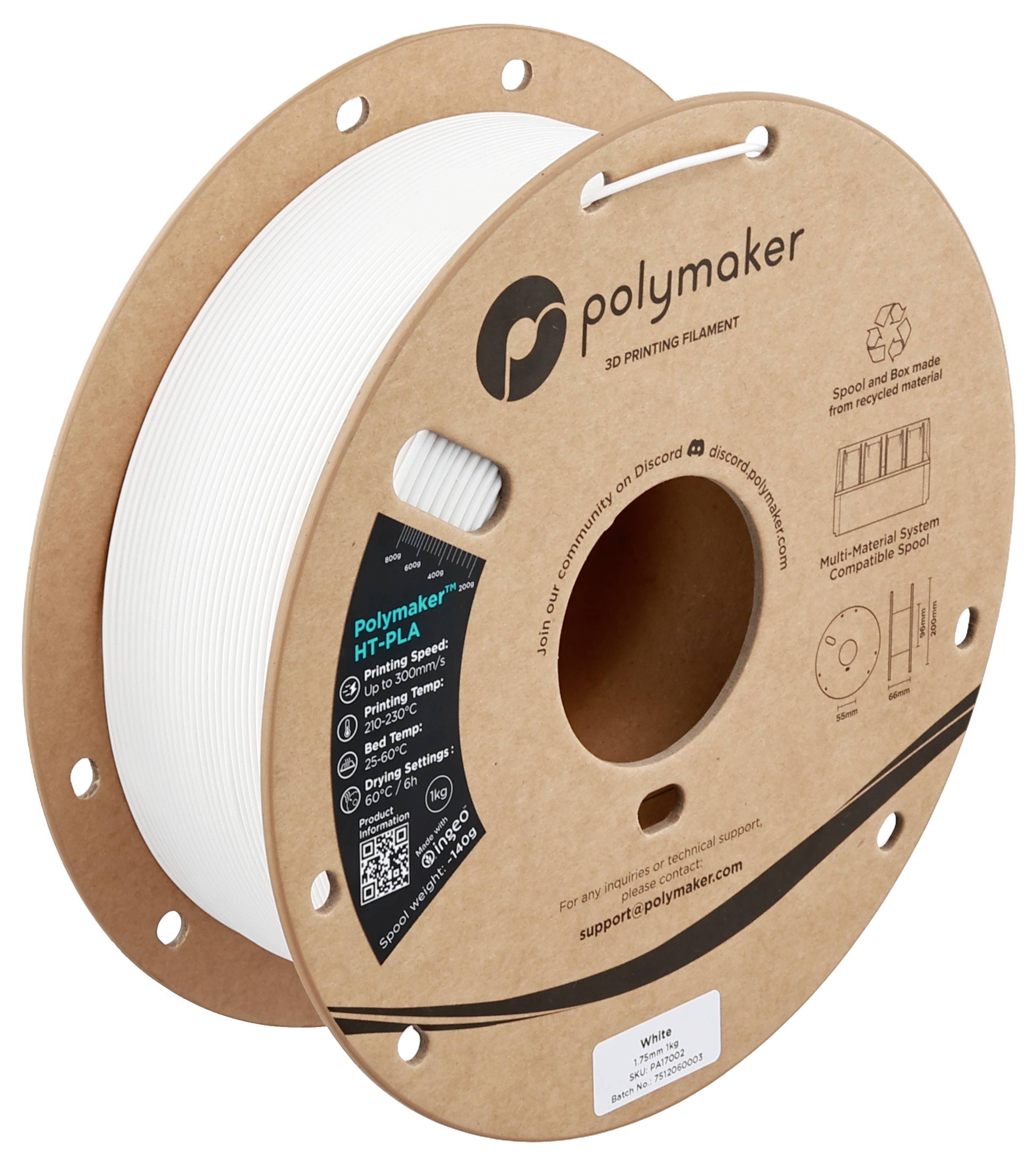 A spool of white 3D printing filament from Polymaker, labeled with product details and support contact.