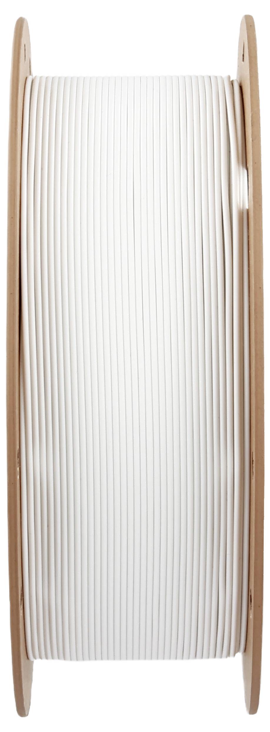 A large wooden spool of coiled white cable, used for electrical installations, is displayed vertically against a white background.