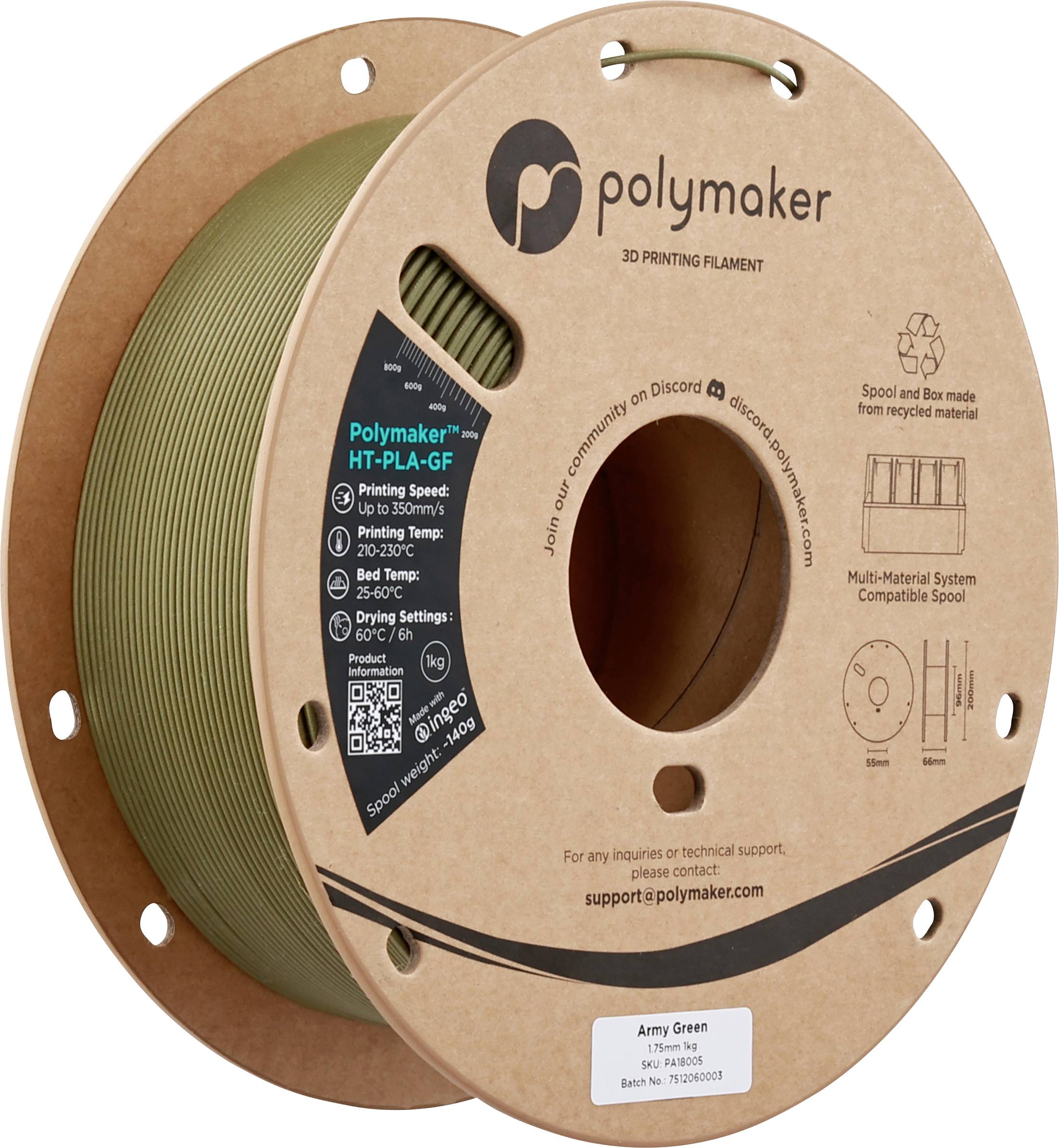 Spool of 'Polymaker' HT-PLA-GF 3D printing filament in army green, with details on printing speed, temperature range, and spool compatibility.