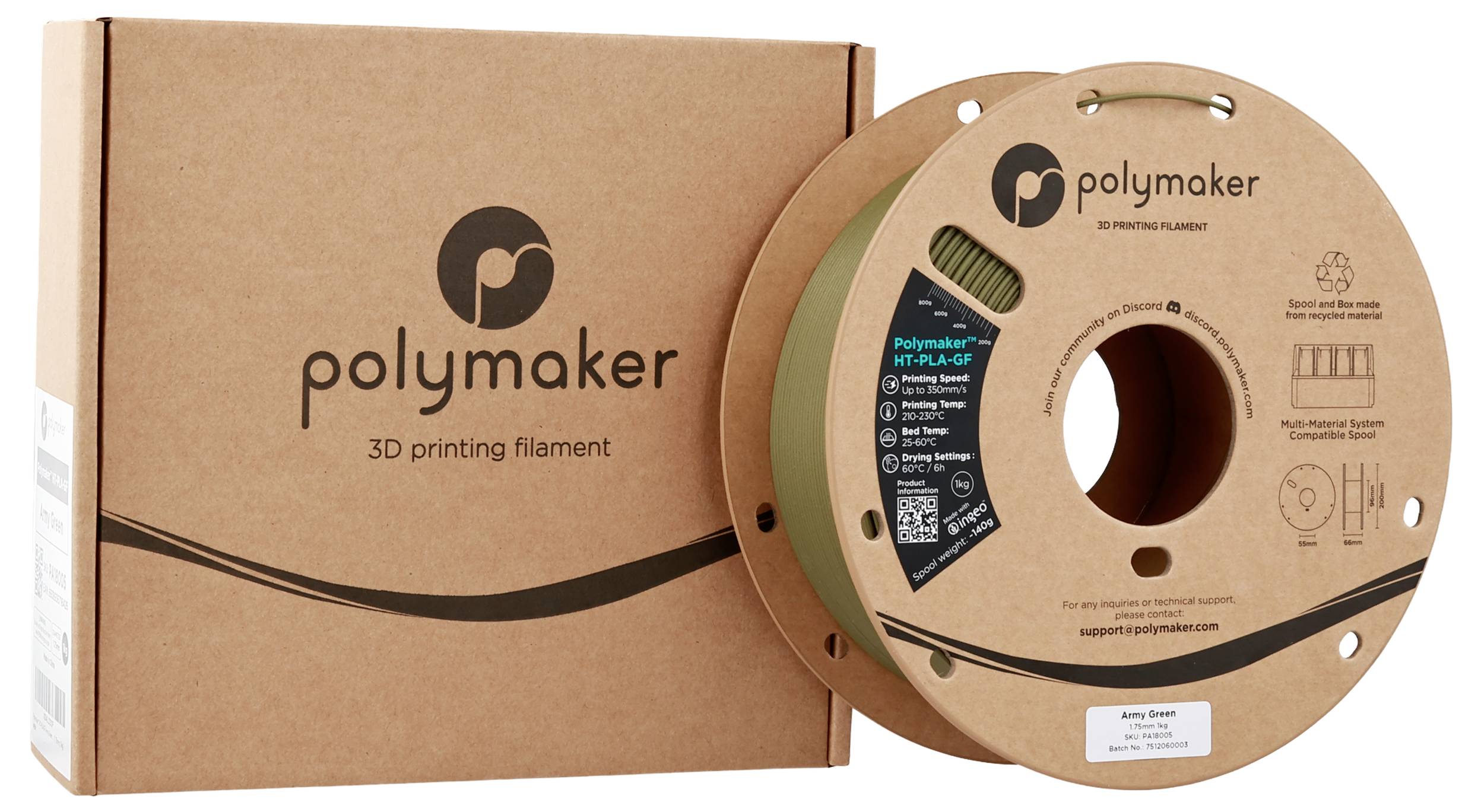 Box and spool of Polymaker 3D printing filament, showing branding and product details.
