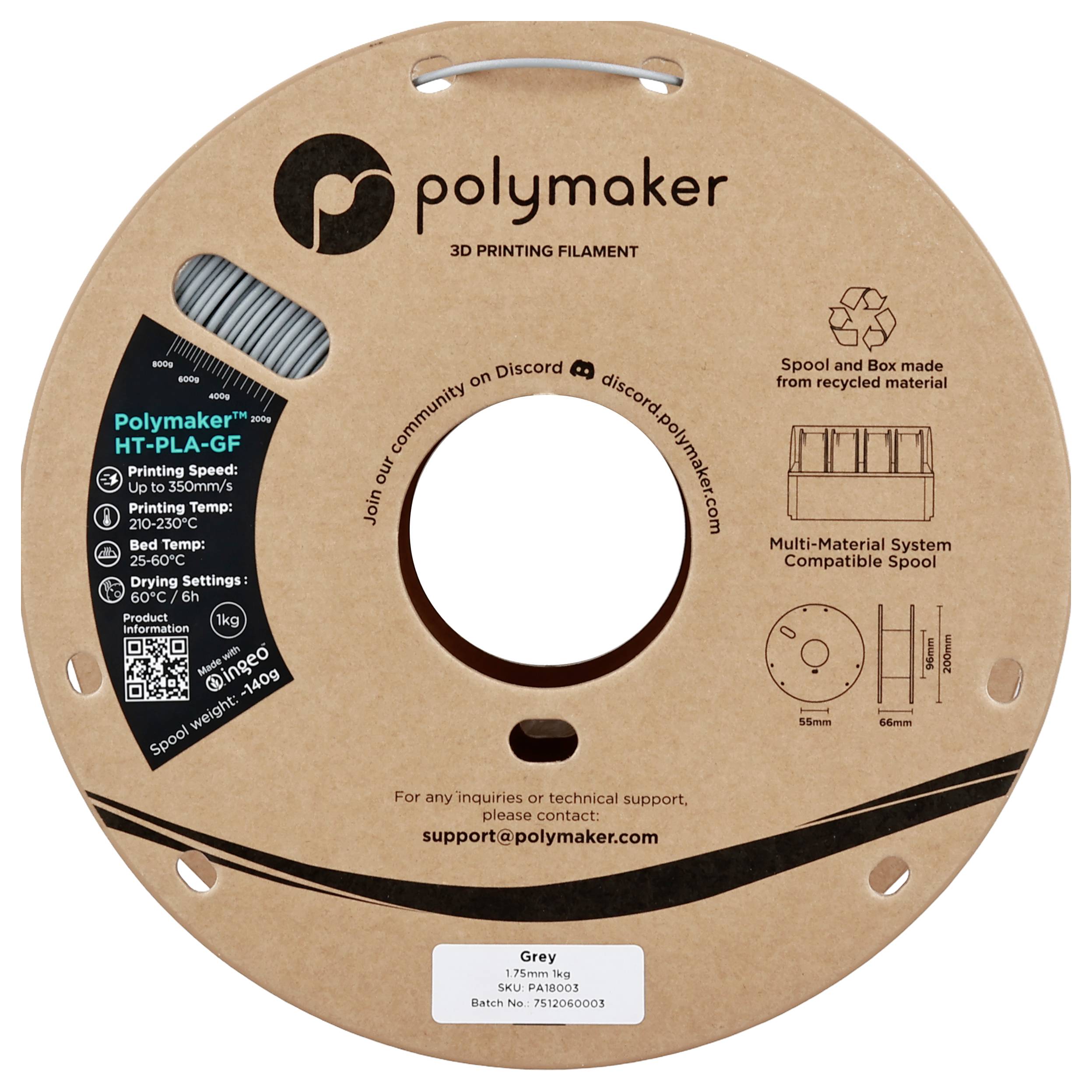 3D printing filament spool with 'Polymaker HT-PLA-GF' label. Printing speed: 10-30 mm/s. Multi-material system compatible. Contains 500g, color grey.