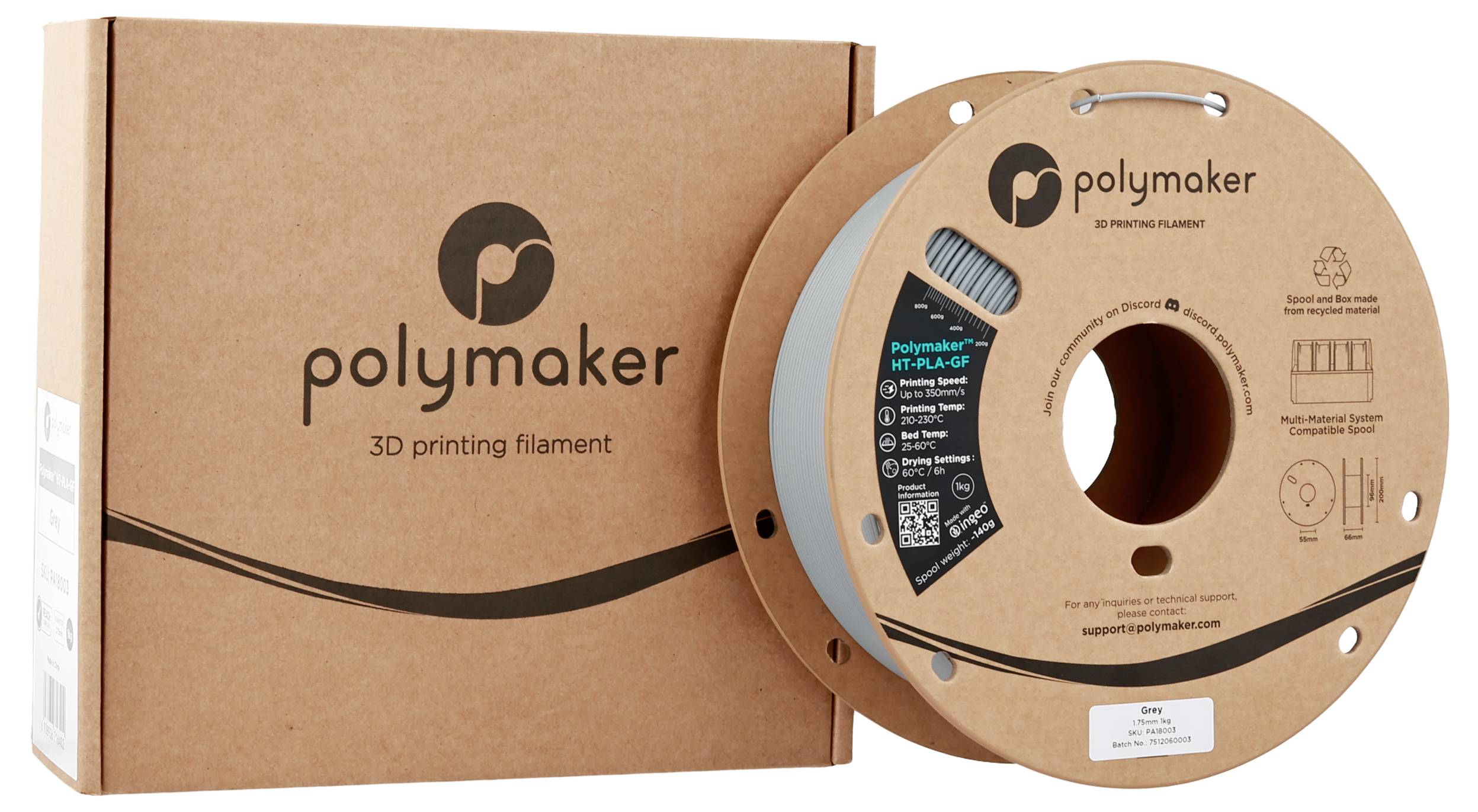 'Polymaker 3D printing filament' in cardboard box and spool, brown packaging with logo and product details.