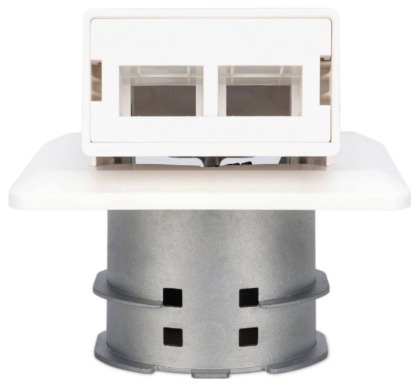 A dual-port wall-mounted RJ45 network socket with a square base and metallic cylindrical back, used for Ethernet connections.