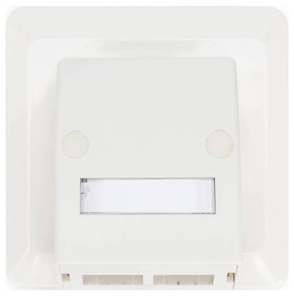 A white wall-mounted network or telephone socket with two ports and a blank labeling space.