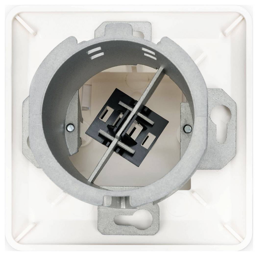 'Top view of a wall outlet socket mounting bracket showing a cylindrical metal frame within a square plastic base.'
