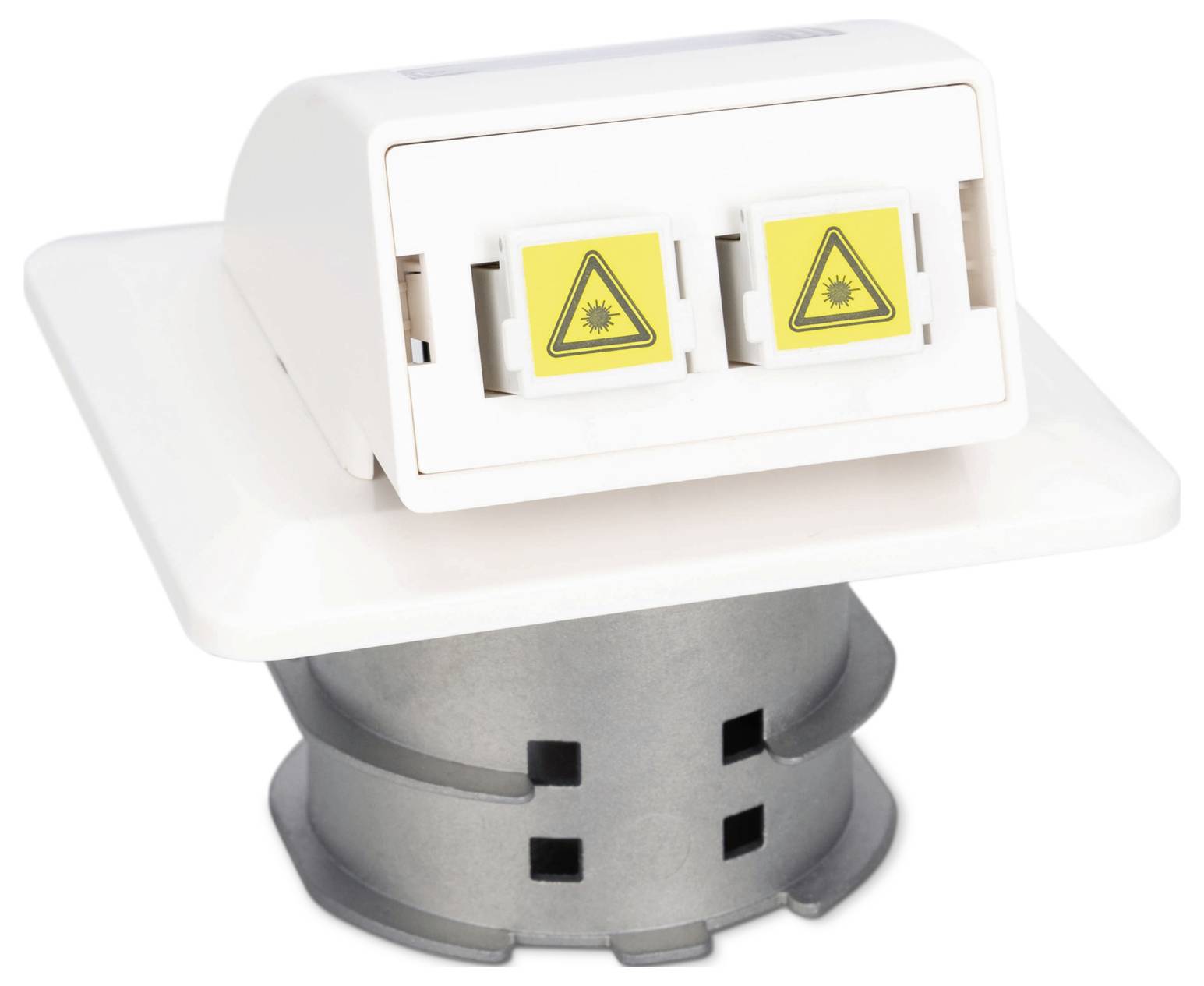 A surface-mounted optical adapter panel with two yellow warning-labeled ports, designed for fiber optic connections, on a metal base.