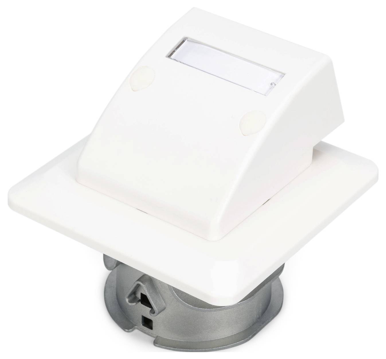 Wall-mounted white socket with a triangular design, designed for a plug to fit into an angled surface.