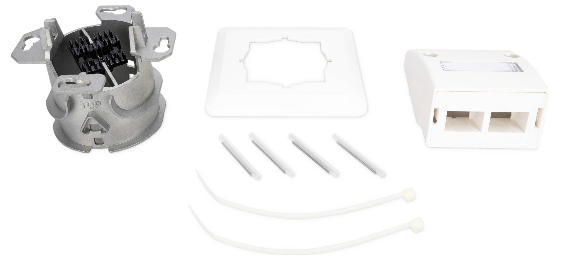 Electrical installation kit including a wall socket, faceplate, screws, and cable ties, arranged on a white background.