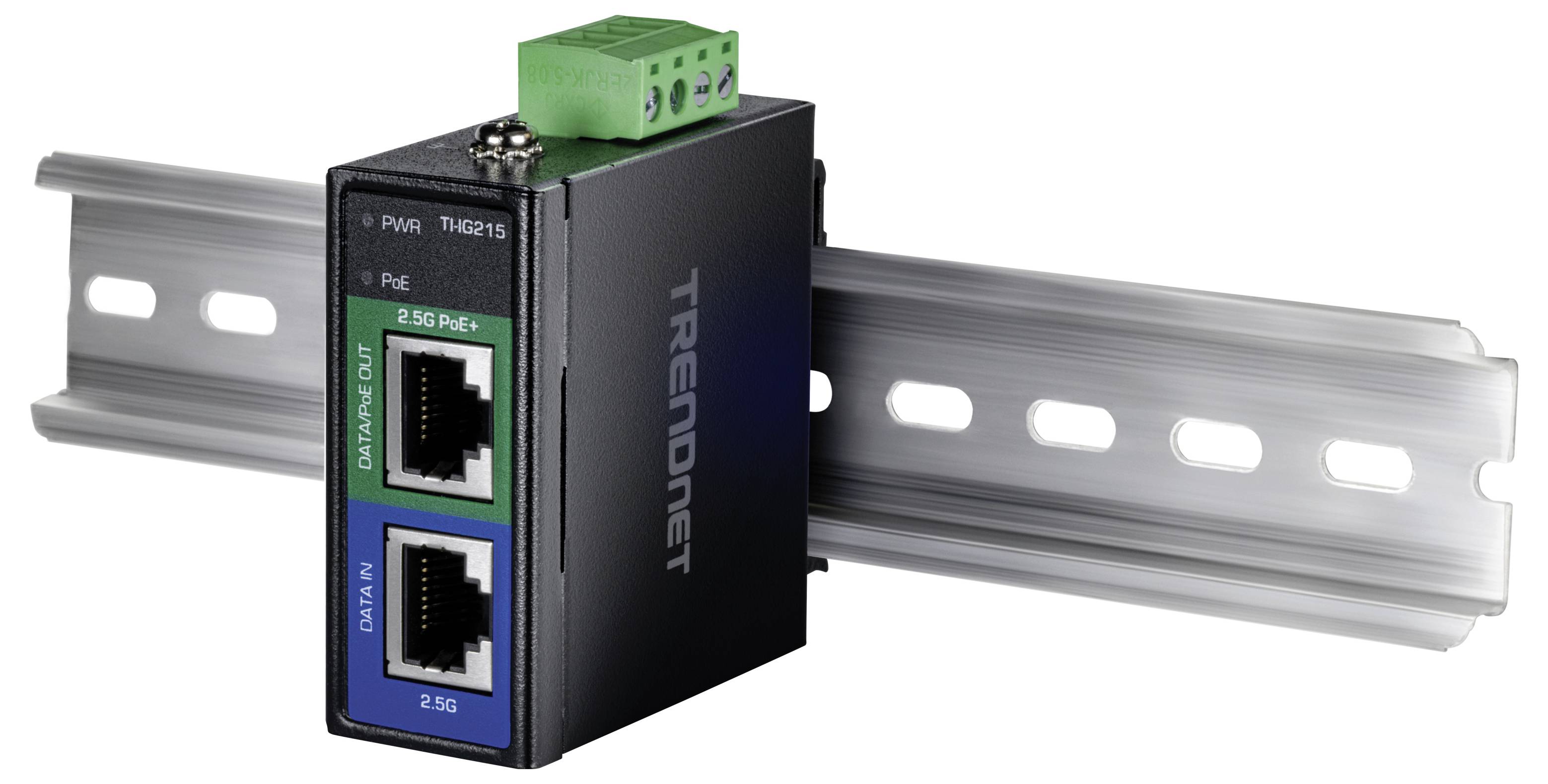 Network device with two Ethernet ports labeled 'Data In' and 'Data & PoE Out' on a DIN rail mount; used for power and data transmission.